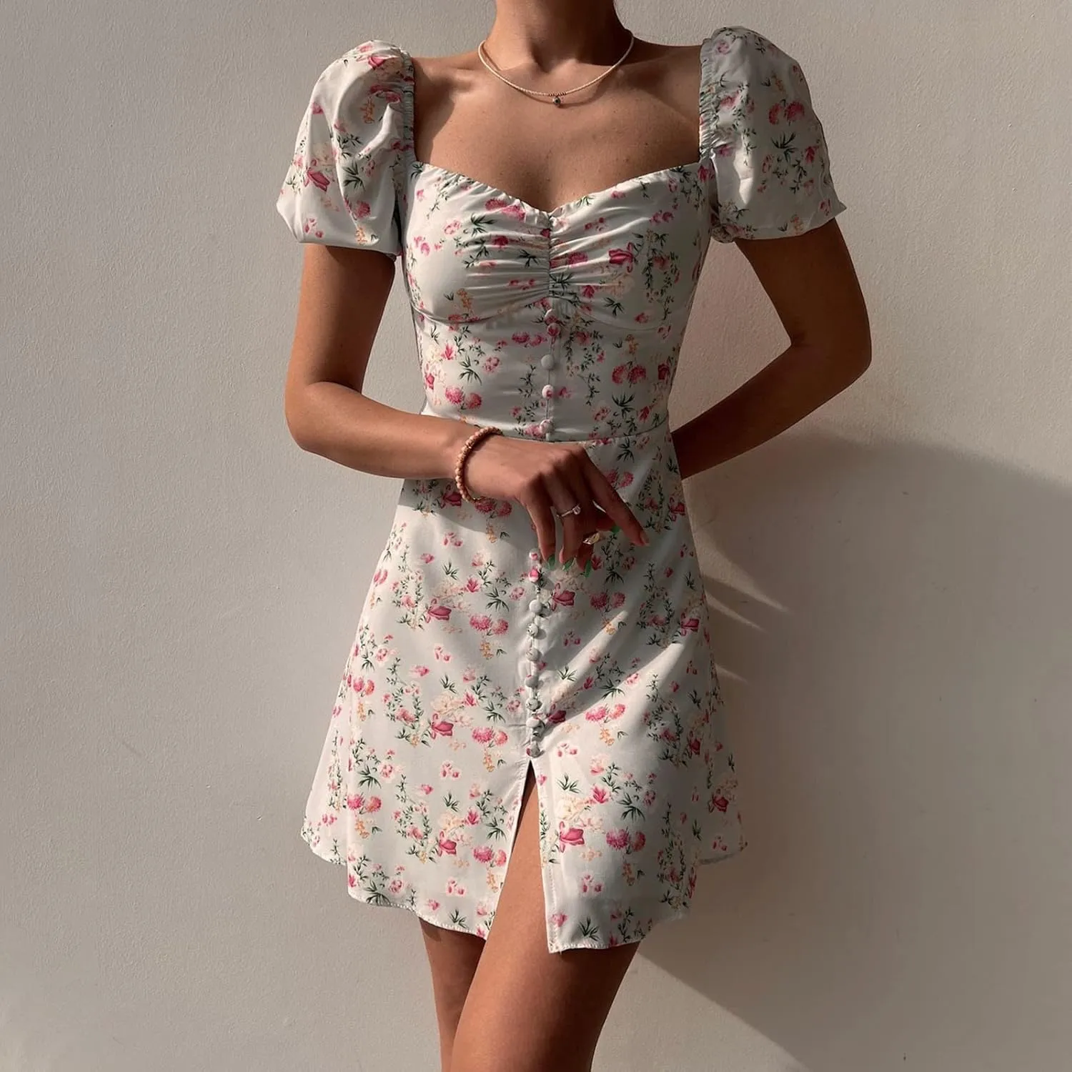 Women's Puff Sleeve Square Neck Babydoll Dress Boho Floral Print Off Shoulder Ruffle Slit Mini Short Dress