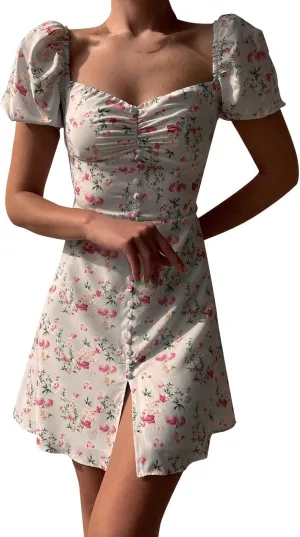 Women's Puff Sleeve Square Neck Babydoll Dress Boho Floral Print Off Shoulder Ruffle Slit Mini Short Dress