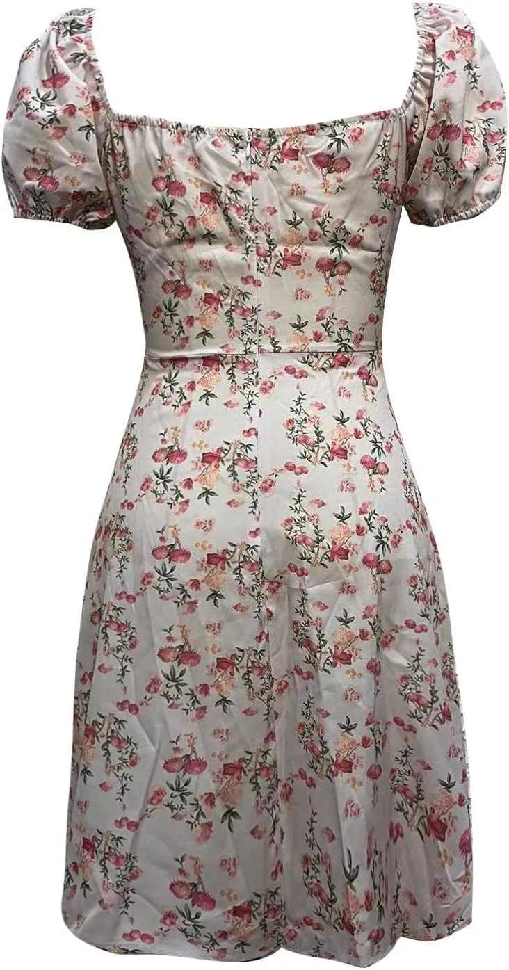 Women's Puff Sleeve Square Neck Babydoll Dress Boho Floral Print Off Shoulder Ruffle Slit Mini Short Dress