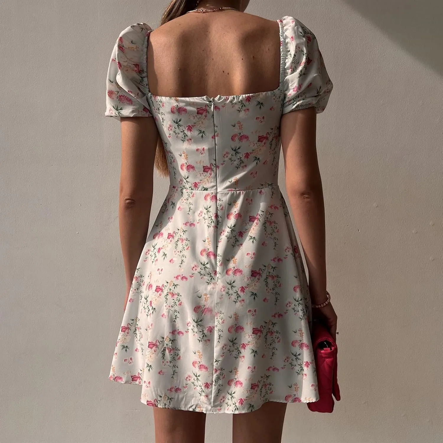 Women's Puff Sleeve Square Neck Babydoll Dress Boho Floral Print Off Shoulder Ruffle Slit Mini Short Dress