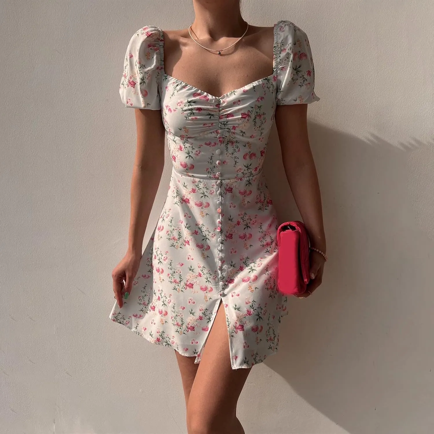 Women's Puff Sleeve Square Neck Babydoll Dress Boho Floral Print Off Shoulder Ruffle Slit Mini Short Dress