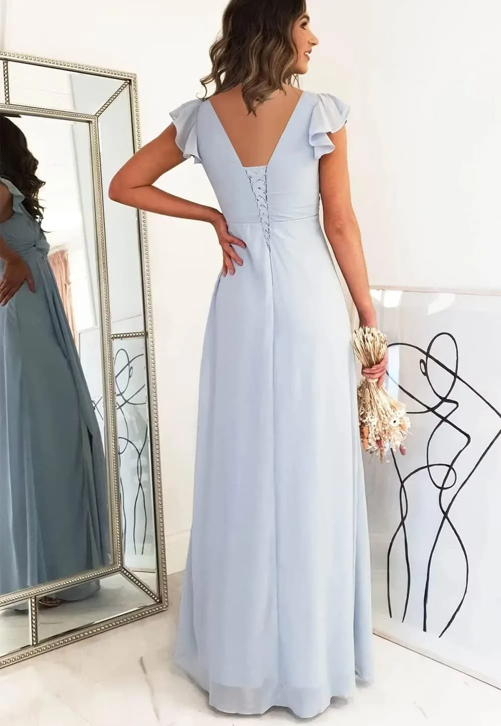 Women's Puffle Sleeve Bridesmaid Dresses Long A Line Side Slit Chiffon Formal Evening Gown with Pockets TB26