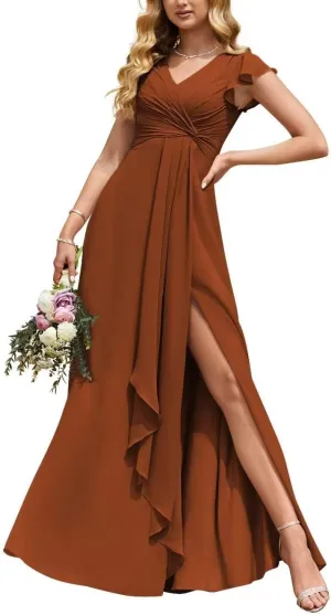 Women's Puffle Sleeve Bridesmaid Dresses Long A Line Side Slit Chiffon Formal Evening Gown with Pockets TB26