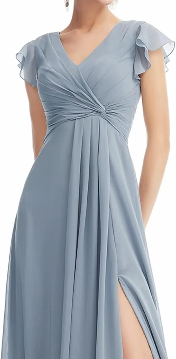 Women's Puffle Sleeve Bridesmaid Dresses Long A Line Side Slit Chiffon Formal Evening Gown with Pockets TB26