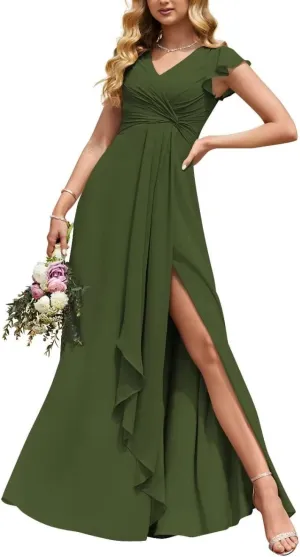 Women's Puffle Sleeve Bridesmaid Dresses Long A Line Side Slit Chiffon Formal Evening Gown with Pockets TB26