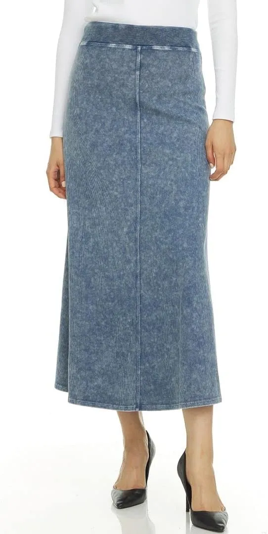 Womens Rib Denim Wash Long Maxi Skirt w/Wide Waistband