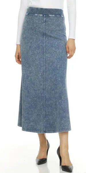 Womens Rib Denim Wash Long Maxi Skirt w/Wide Waistband