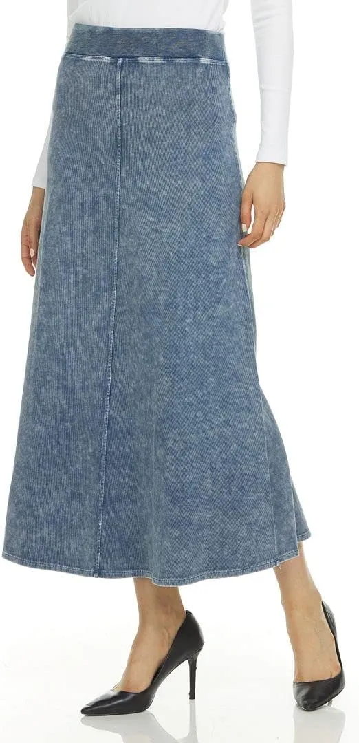 Womens Rib Denim Wash Long Maxi Skirt w/Wide Waistband