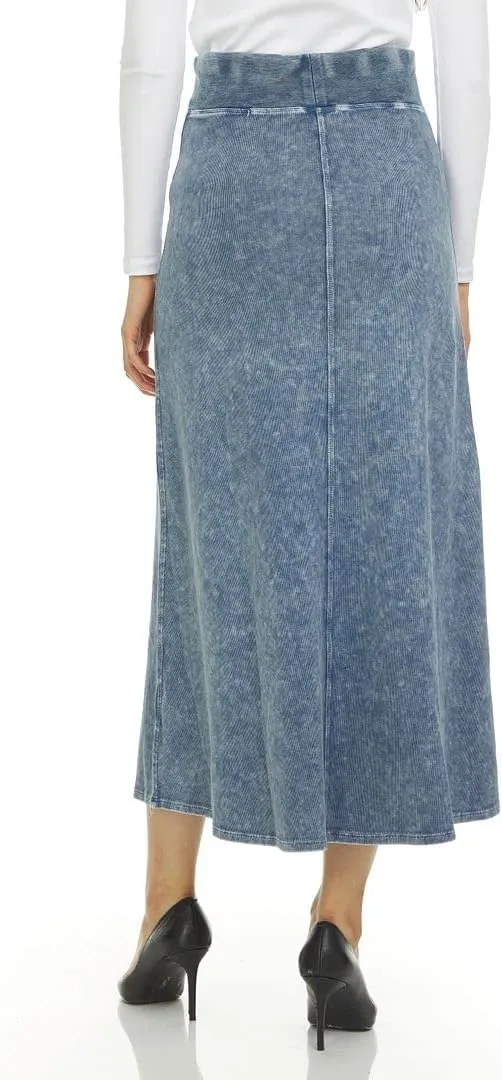 Womens Rib Denim Wash Long Maxi Skirt w/Wide Waistband