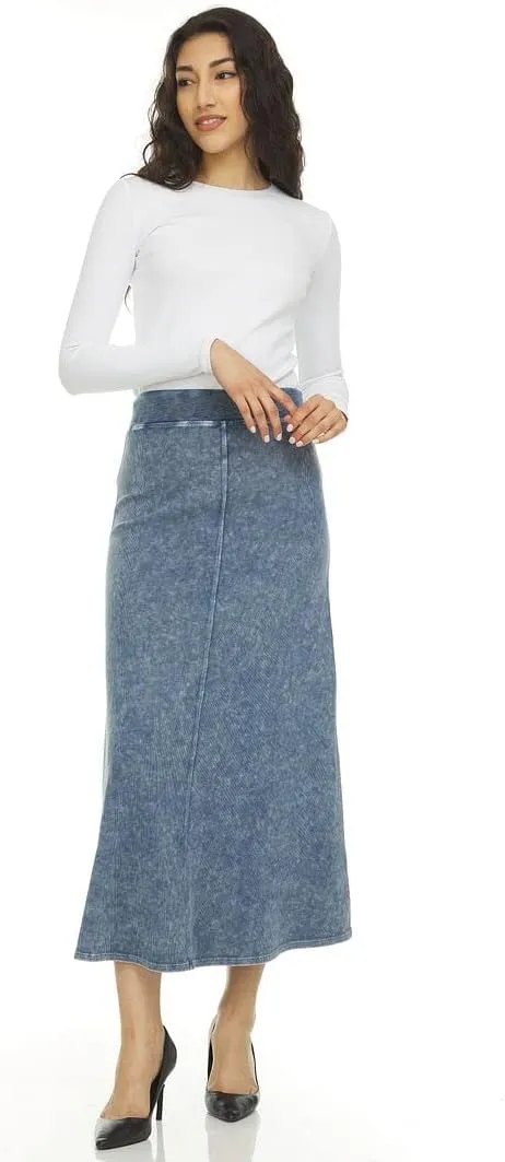 Womens Rib Denim Wash Long Maxi Skirt w/Wide Waistband