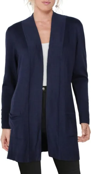 Womens Ribbed Trim Open Front Cardigan Sweater Blue M