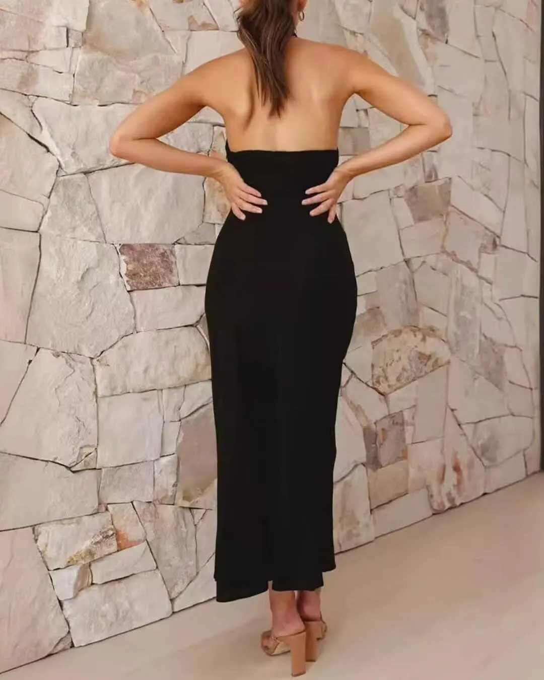 Women's Satin Wedding Guest Dresses Halter Midi Semi Formal Cocktail Dress Side Slit Evening Going Out Dinner Banquet FE1006