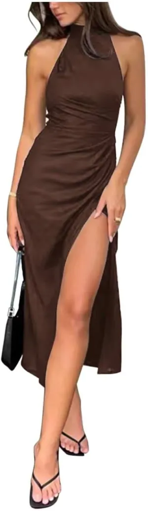 Women's Satin Wedding Guest Dresses Halter Midi Semi Formal Cocktail Dress Side Slit Evening Going Out Dinner Banquet FE1006