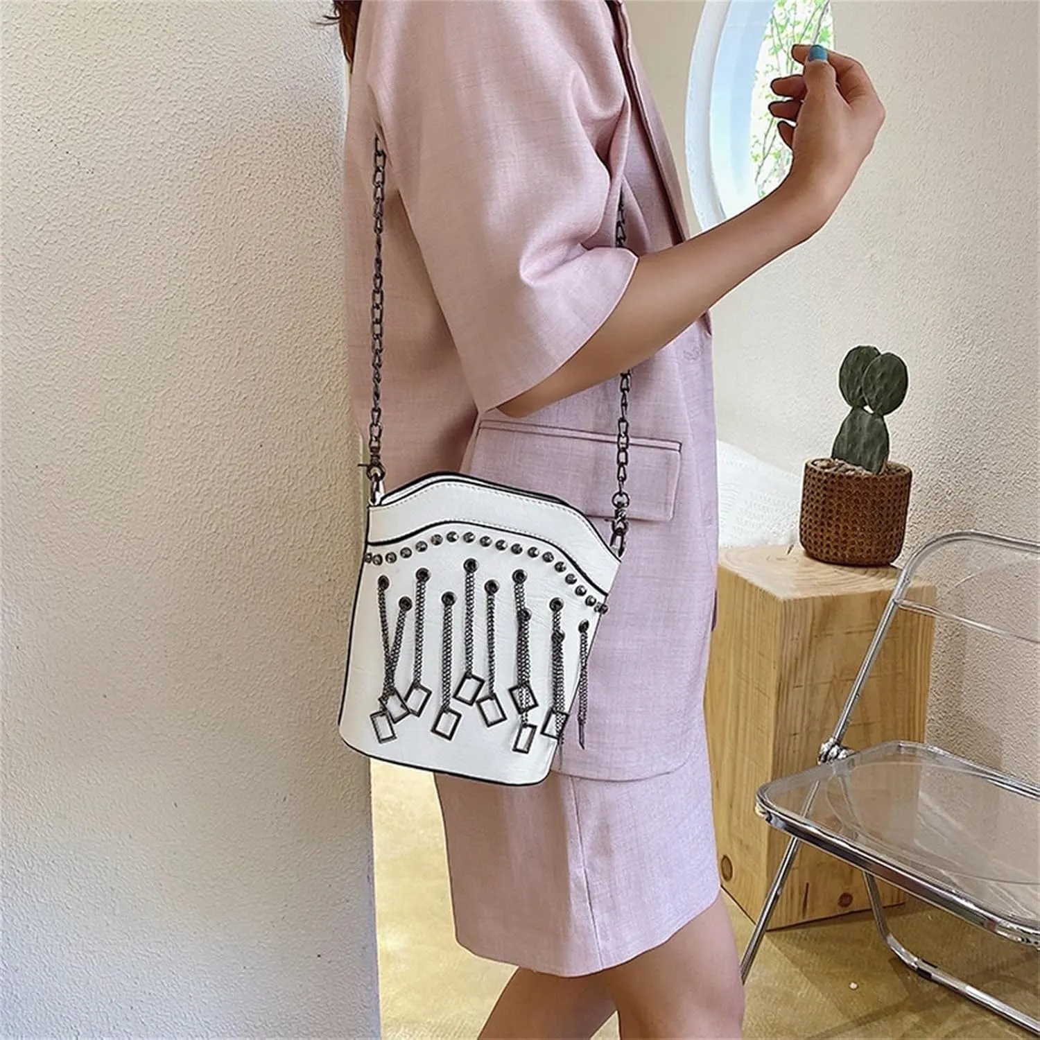 Womens' Shoulder Bag Summer Chain Bucket Bag Women's Bags Pu Bags Women Crossbody Bags Punk Shoulder Bag(White)