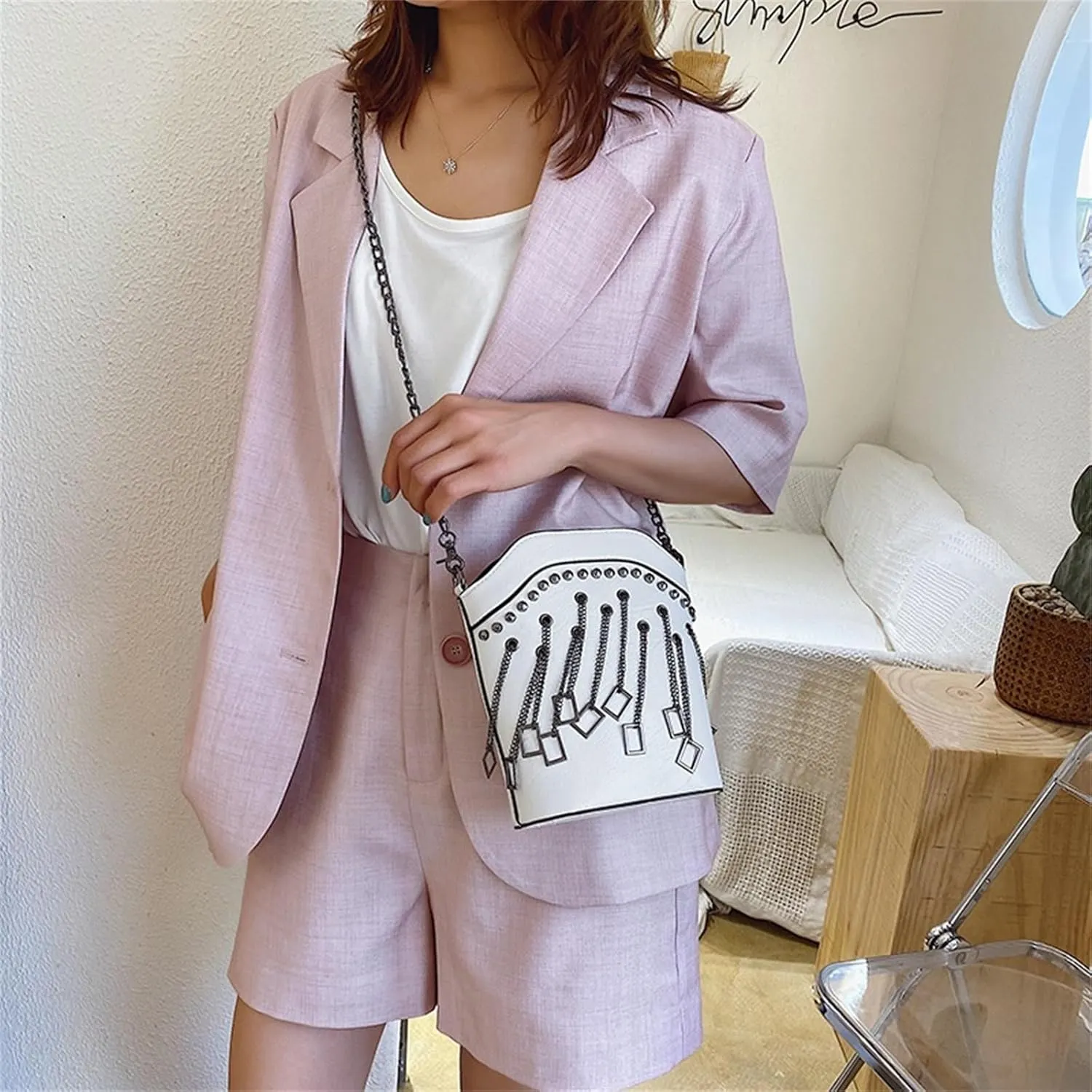 Womens' Shoulder Bag Summer Chain Bucket Bag Women's Bags Pu Bags Women Crossbody Bags Punk Shoulder Bag(White)
