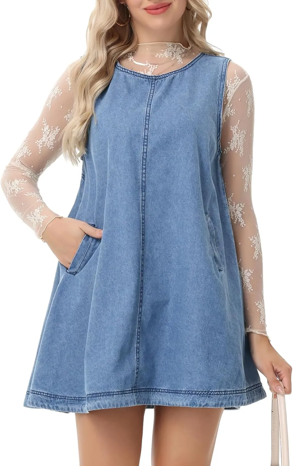 Women's Sleeveless Casual Denim Dress Crewneck Vintage Babydoll Jean Mini Dresses with Pockets