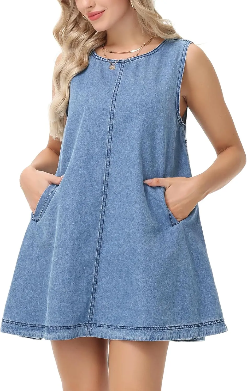 Women's Sleeveless Casual Denim Dress Crewneck Vintage Babydoll Jean Mini Dresses with Pockets