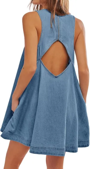 Women's Sleeveless Casual Denim Dress Crewneck Vintage Babydoll Jean Mini Dresses with Pockets