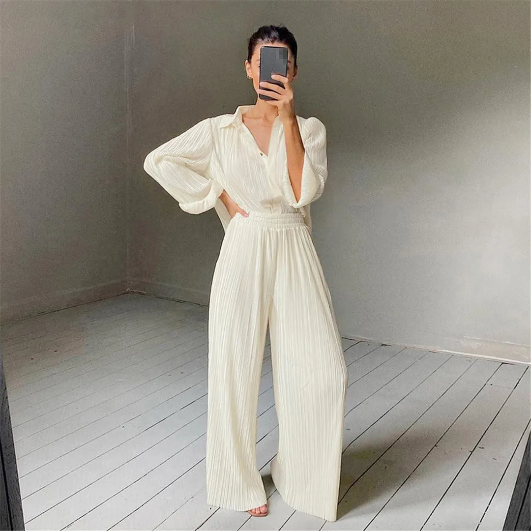 Women's Solid Color Pleated Wide-Leg Pants 2-Piece Set Ladies Casual Loose Pants Suit Long Wide-Leg Pants