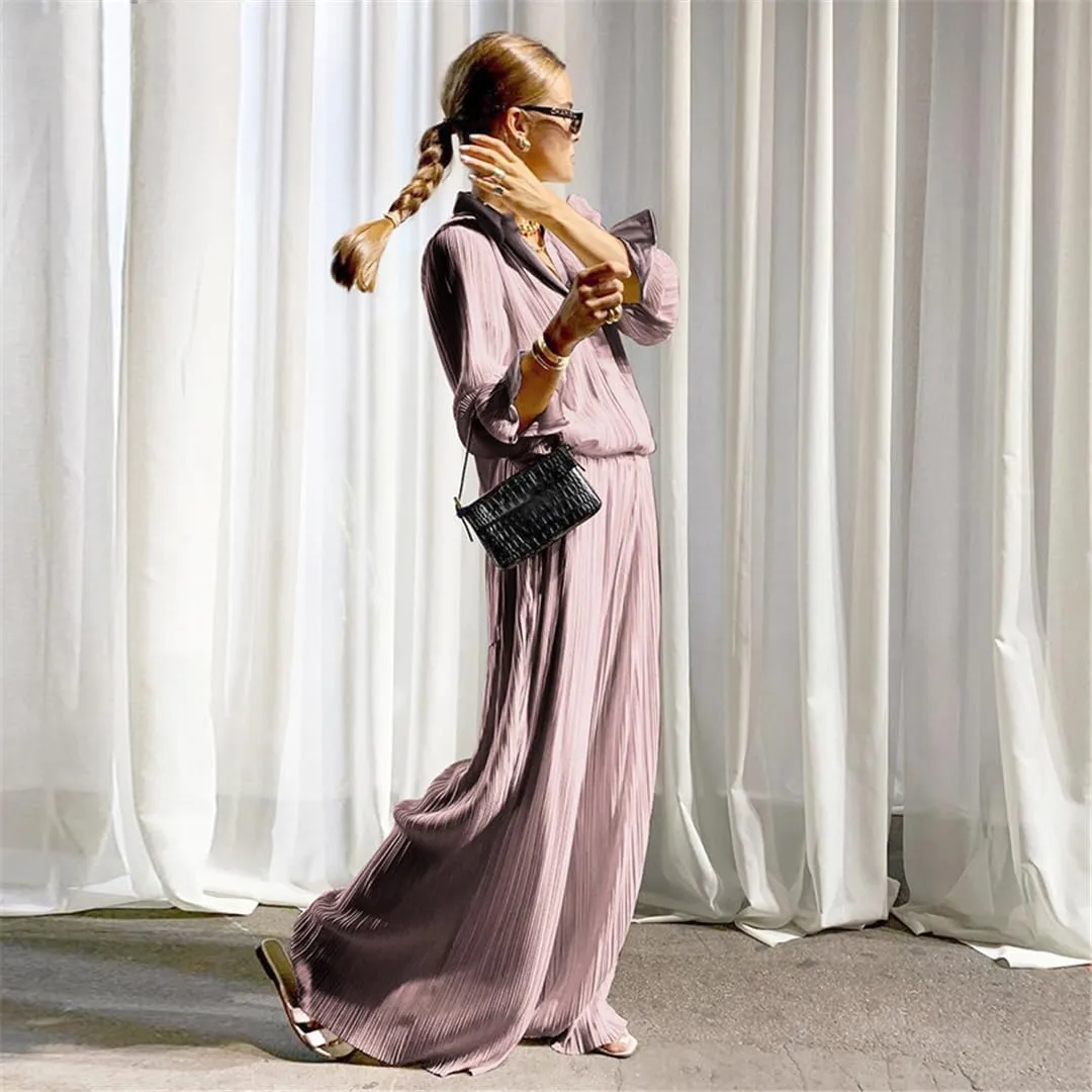 Women's Solid Color Pleated Wide-Leg Pants 2-Piece Set Ladies Casual Loose Pants Suit Long Wide-Leg Pants