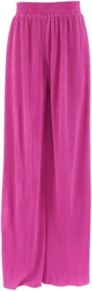 Women's Solid Color Pleated Wide-Leg Pants 2-Piece Set Ladies Casual Loose Pants Suit Long Wide-Leg Pants