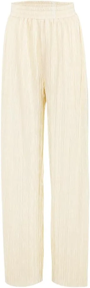 Women's Solid Color Pleated Wide-Leg Pants 2-Piece Set Ladies Casual Loose Pants Suit Long Wide-Leg Pants