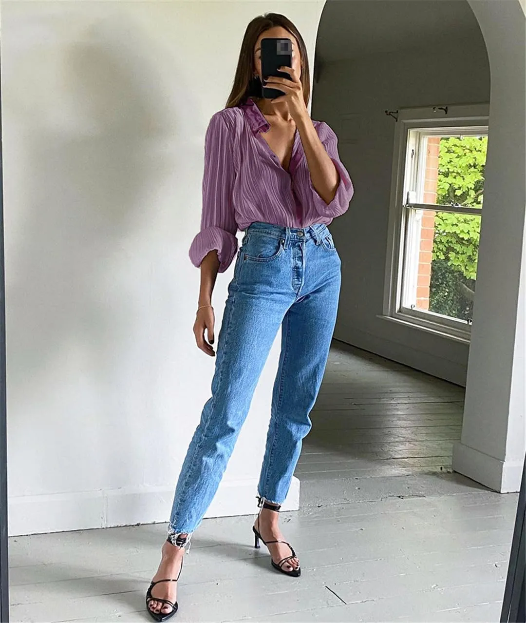 Women's Solid Color Pleated Wide-Leg Pants 2-Piece Set Ladies Casual Loose Pants Suit Long Wide-Leg Pants