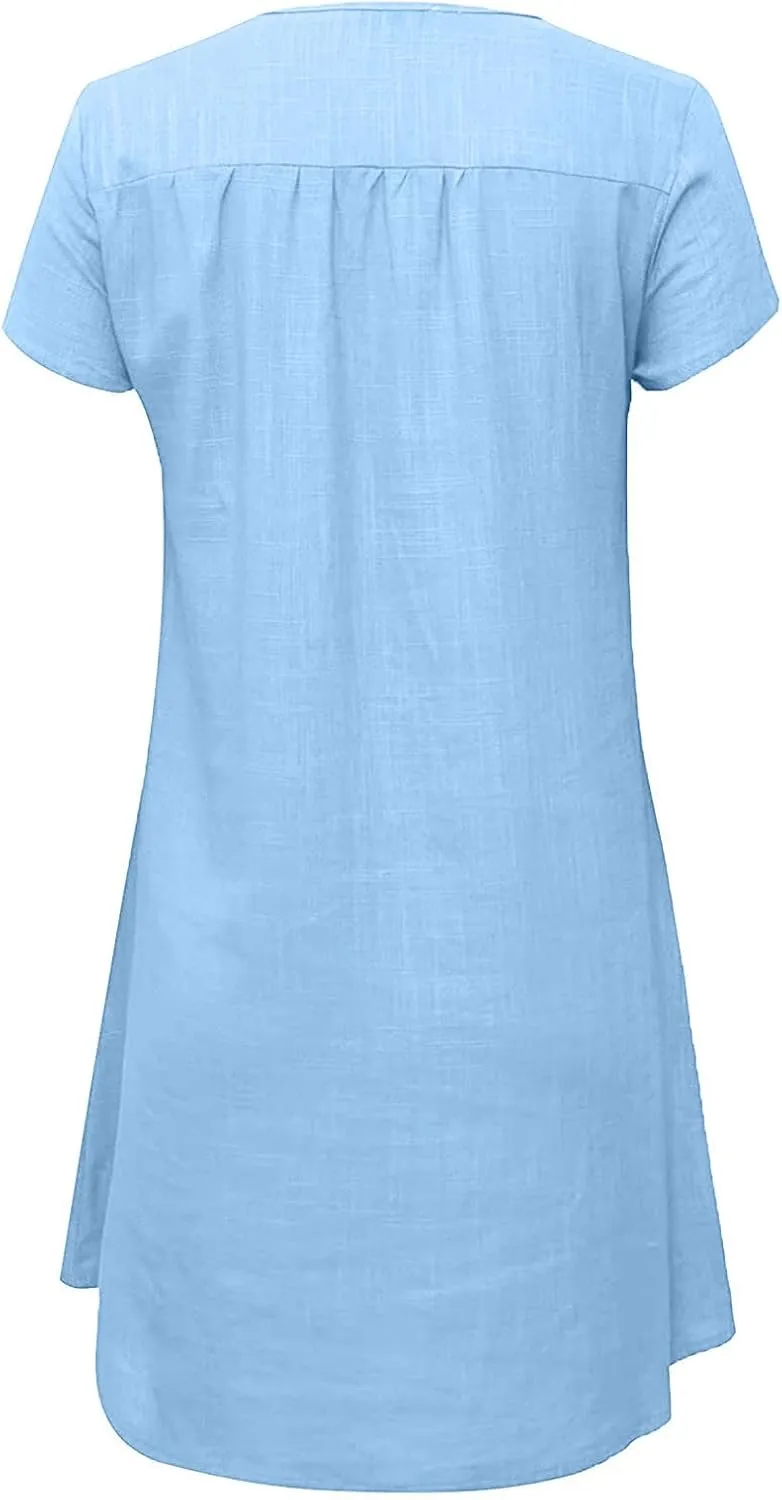 Womens Summer Cotton Linen Dresses Plus Size Casual V Neck Short Sleeve Midi Dress Floral Embroidery Shirt Dress