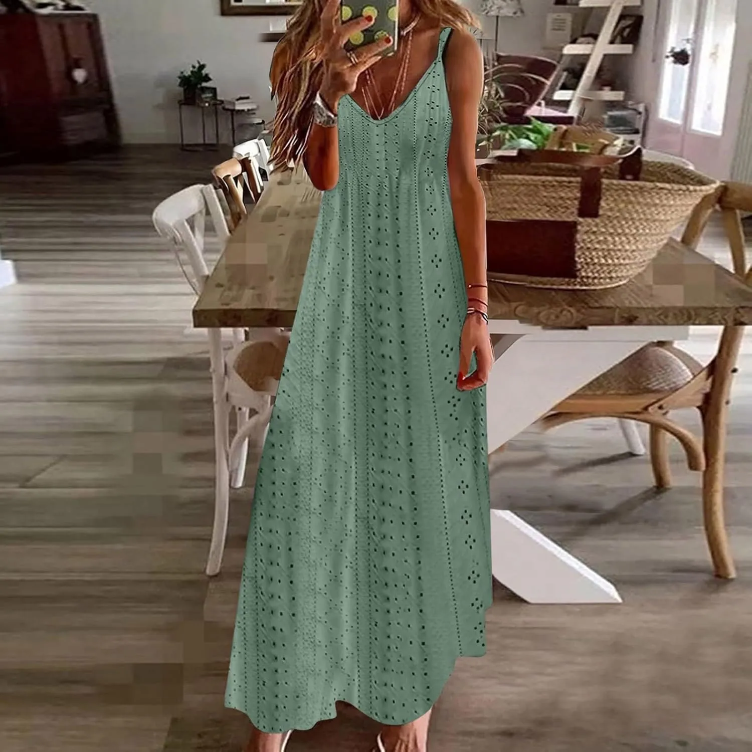 Womens Summer Dresses Spaghetti Strap V-neck Sexy Boho Sundress Hollow Out Trendy Beach Vacation Flowy Maxi Dresses