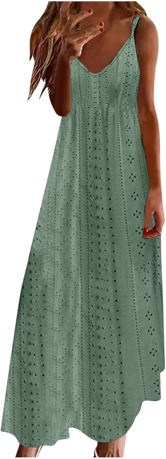 Womens Summer Dresses Spaghetti Strap V-neck Sexy Boho Sundress Hollow Out Trendy Beach Vacation Flowy Maxi Dresses
