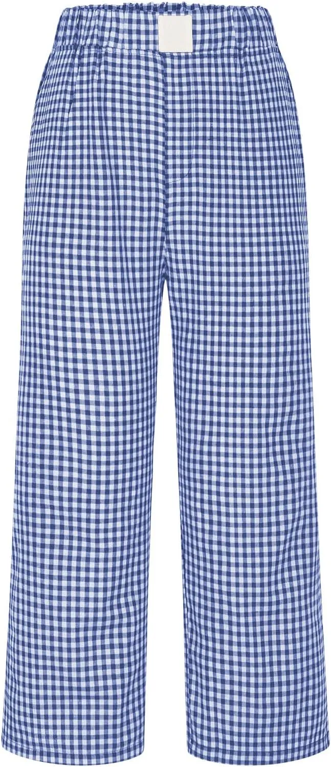 Women's Summer Elastic High Waisted Plaid Straight Leg Cropped Pants Casual Loose Gingham Trousers with Pockets