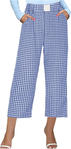 Women's Summer Elastic High Waisted Plaid Straight Leg Cropped Pants Casual Loose Gingham Trousers with Pockets