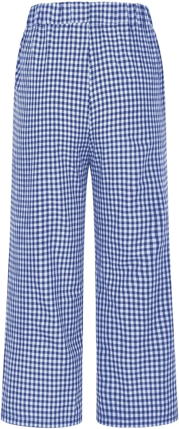 Women's Summer Elastic High Waisted Plaid Straight Leg Cropped Pants Casual Loose Gingham Trousers with Pockets