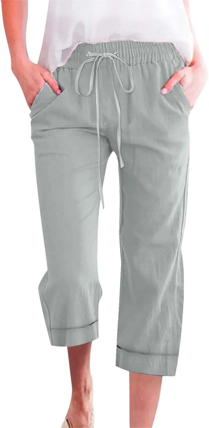 Womens Summer Linen Capri Pants 3/4 Length Flowy High Waisted Stretch Trouser Cotton Linen Athletic Casual Sweatpants