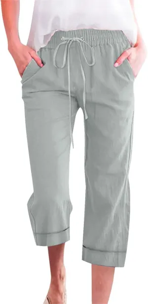 Womens Summer Linen Capri Pants 3/4 Length Flowy High Waisted Stretch Trouser Cotton Linen Athletic Casual Sweatpants