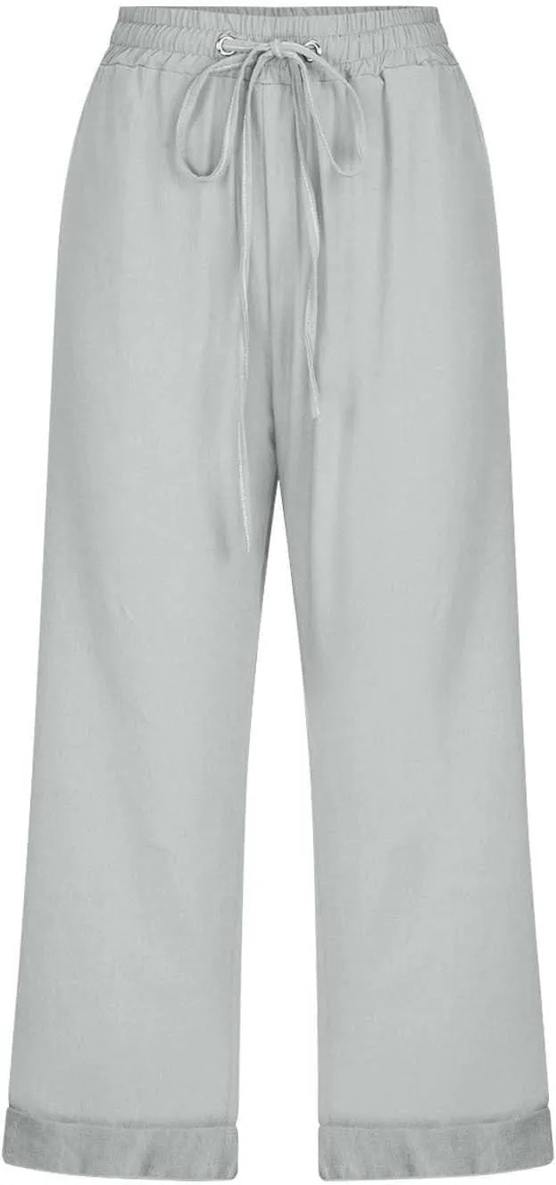 Womens Summer Linen Capri Pants 3/4 Length Flowy High Waisted Stretch Trouser Cotton Linen Athletic Casual Sweatpants