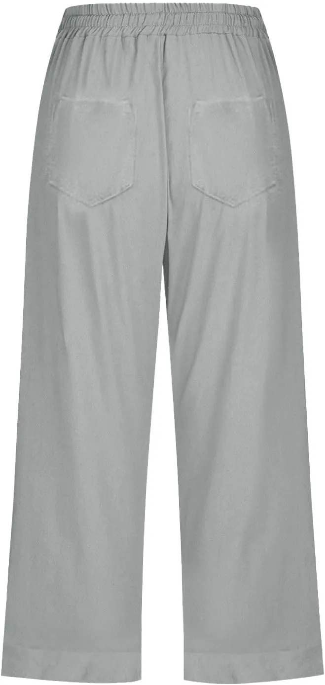 Womens Summer Linen Capri Pants 3/4 Length Flowy High Waisted Stretch Trouser Cotton Linen Athletic Casual Sweatpants