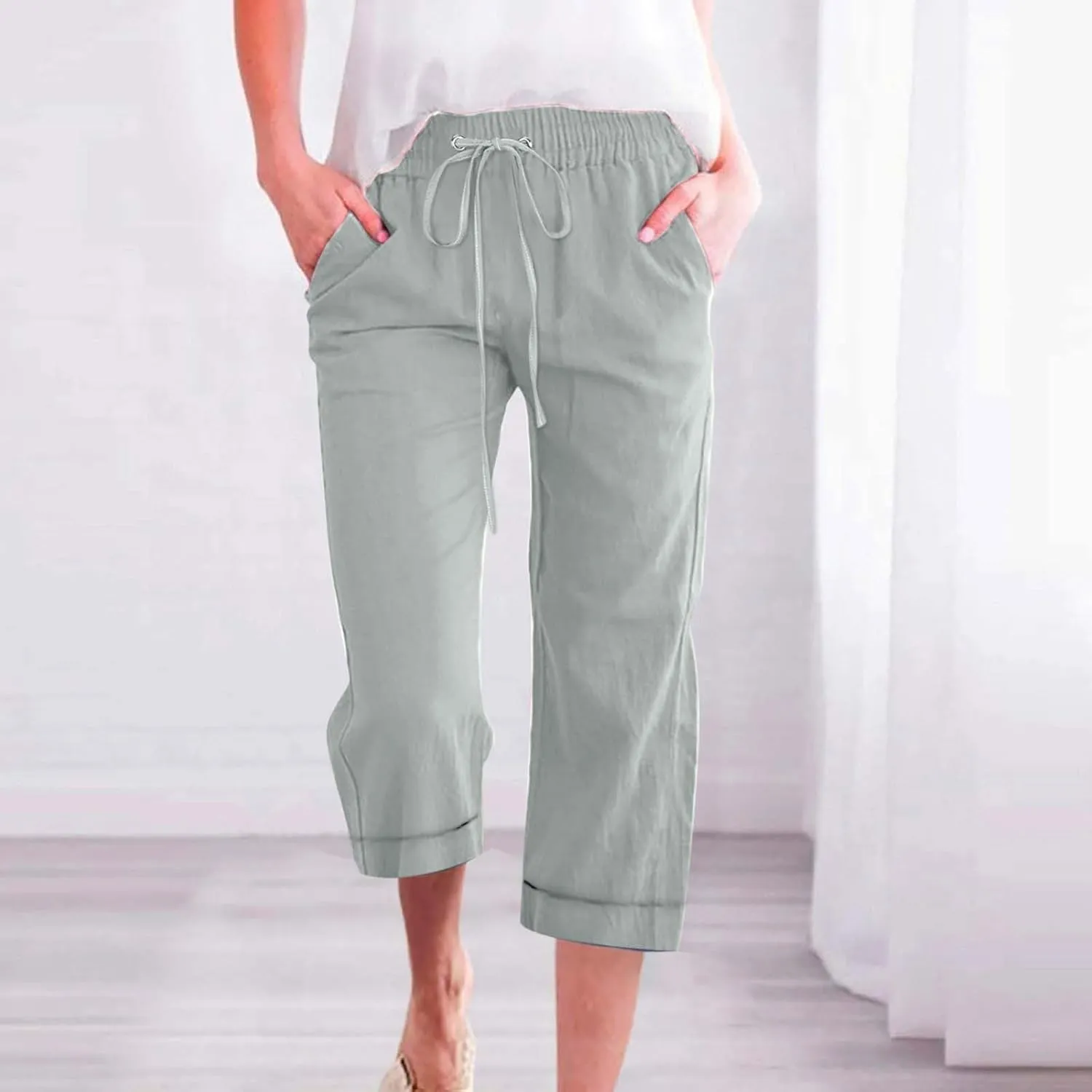 Womens Summer Linen Capri Pants 3/4 Length Flowy High Waisted Stretch Trouser Cotton Linen Athletic Casual Sweatpants