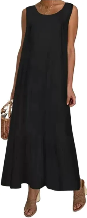 Women's Summer Linen Vest Dress Sleeveless O Neck A-Line Midi Dress Streetwear Plus Size