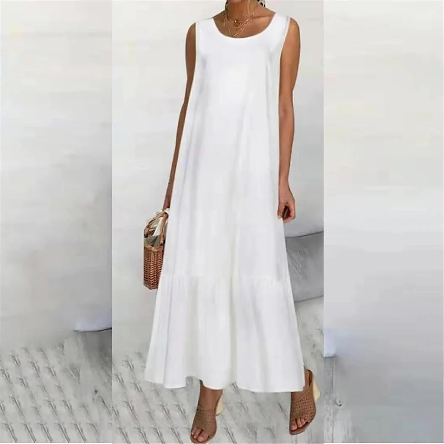 Women's Summer Linen Vest Dress Sleeveless O Neck A-Line Midi Dress Streetwear Plus Size
