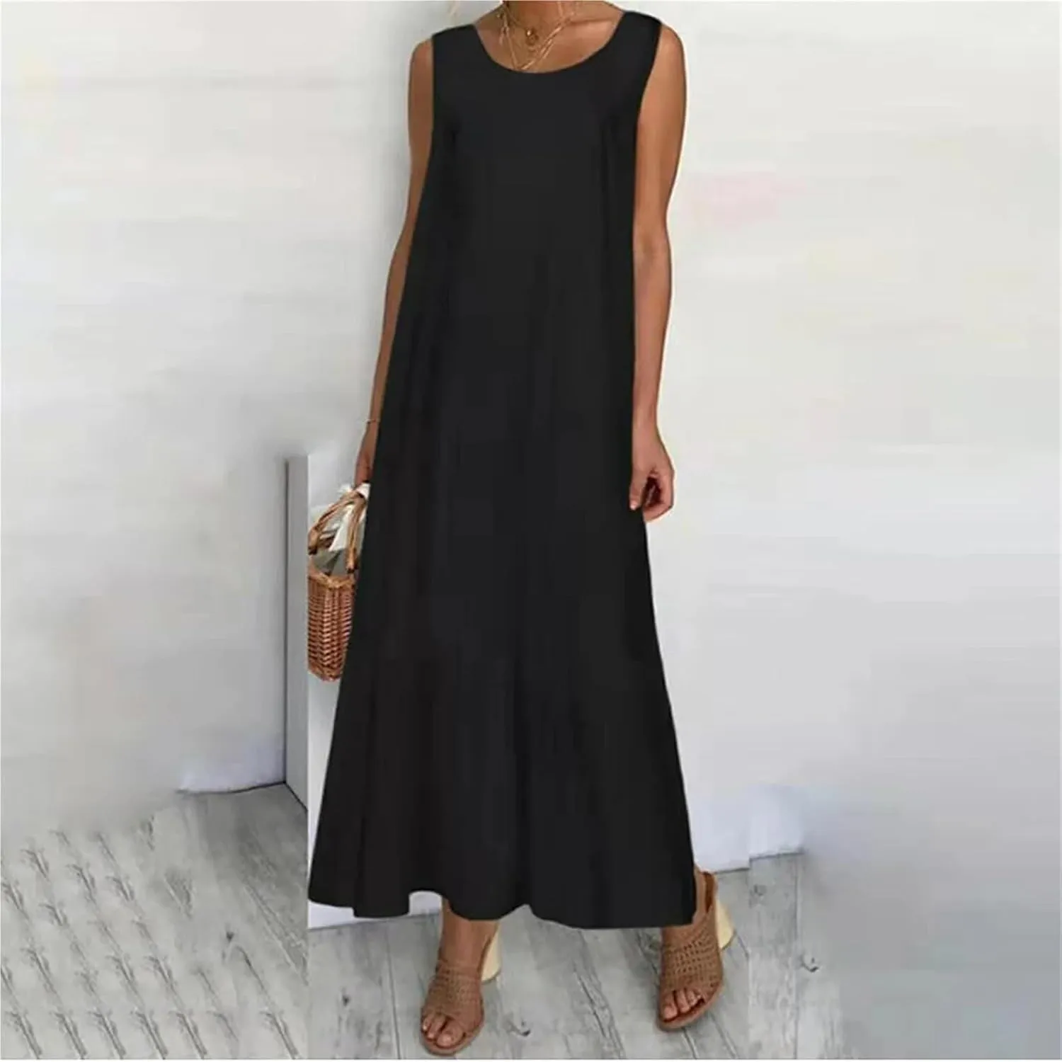 Women's Summer Linen Vest Dress Sleeveless O Neck A-Line Midi Dress Streetwear Plus Size
