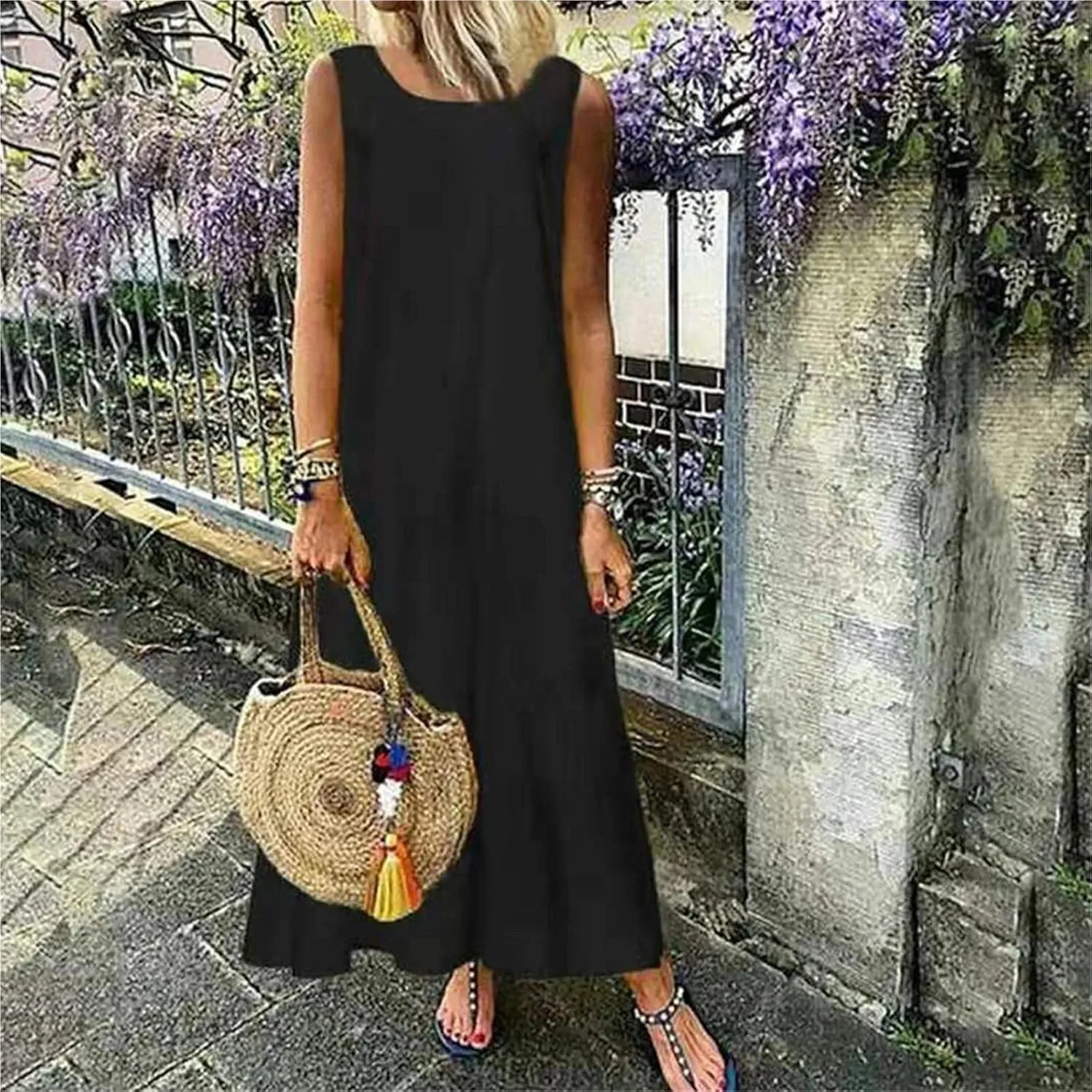 Women's Summer Linen Vest Dress Sleeveless O Neck A-Line Midi Dress Streetwear Plus Size