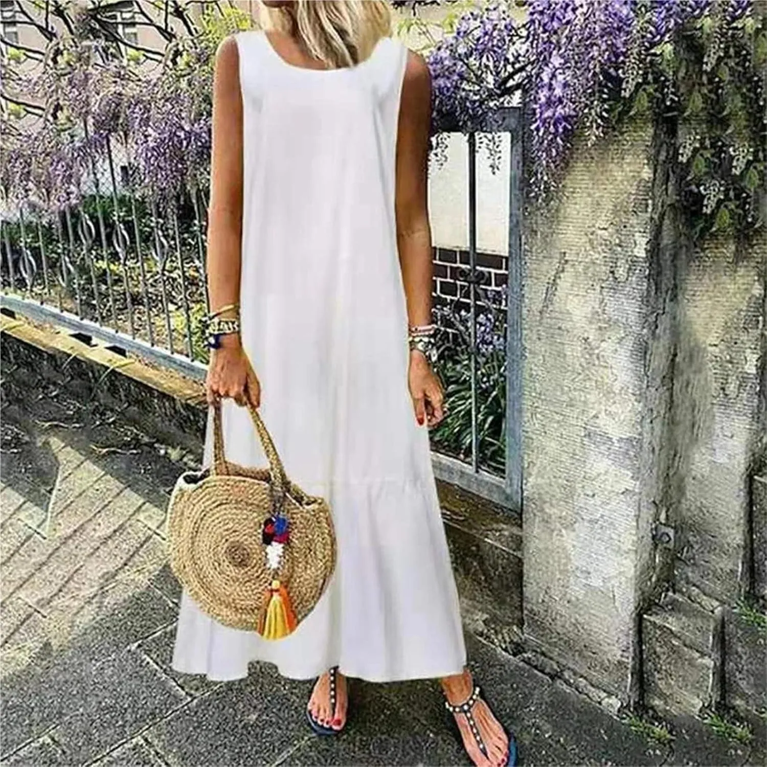 Women's Summer Linen Vest Dress Sleeveless O Neck A-Line Midi Dress Streetwear Plus Size