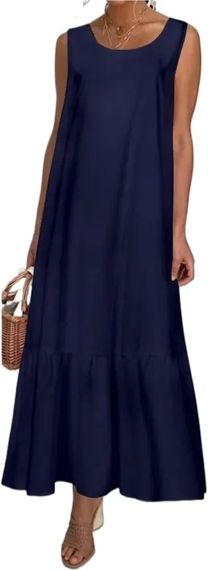Women's Summer Linen Vest Dress Sleeveless O Neck A-Line Midi Dress Streetwear Plus Size
