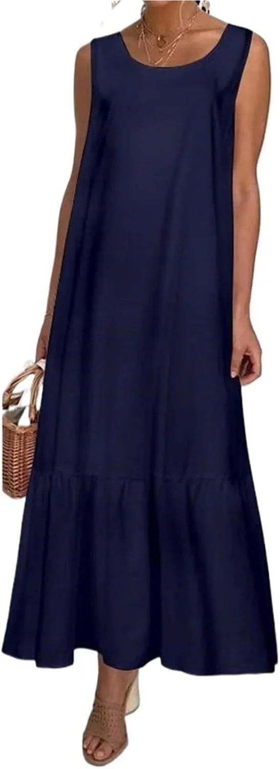 Women's Summer Linen Vest Dress Sleeveless O Neck A-Line Midi Dress Streetwear Plus Size