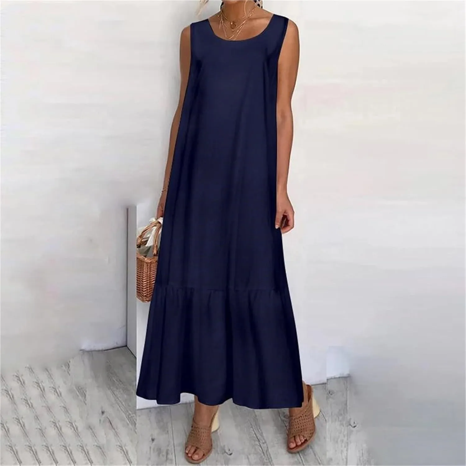 Women's Summer Linen Vest Dress Sleeveless O Neck A-Line Midi Dress Streetwear Plus Size