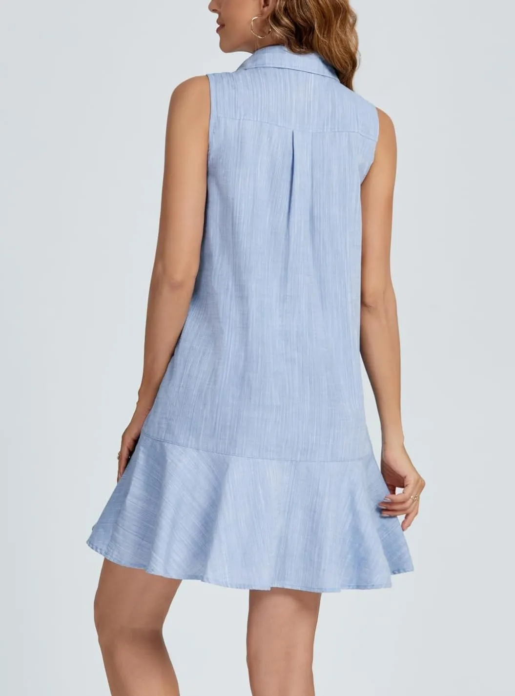 Women's Summer V Neck Button Down Shirt Dress Casual Collared Flowy Cotton Linen Mini Dress with Pockets