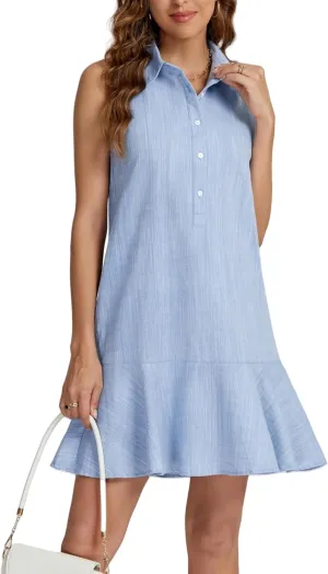 Women's Summer V Neck Button Down Shirt Dress Casual Collared Flowy Cotton Linen Mini Dress with Pockets