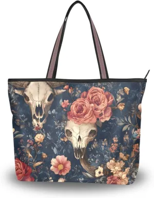 Women's Tote Bags Bison Skull Print Reusable Grocery Handbag Bags with Zipper Large Size