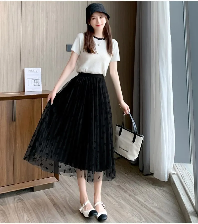 Womens Tulle Skirts Fairy Coquette Midi Elastic High Waisted Pleated Mesh Flowy A-Line Flowy Tutu Skirts